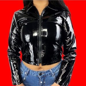O - RING ZIP UP PVC VINYL MOTO JACKET BLACK